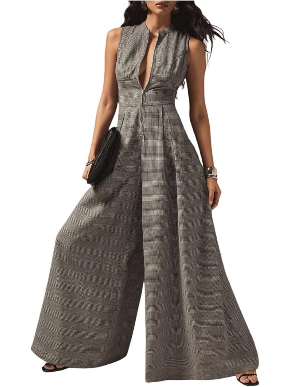 Chic Women's Summer Zipper Front Mock Neck Wide Leg Elegant Jumpsuit